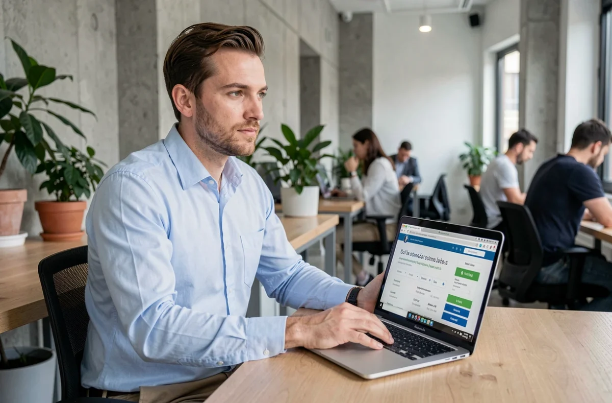 Homme français recherchant un emploi en Espagne sur un ordinateur dans un coworking à Madrid