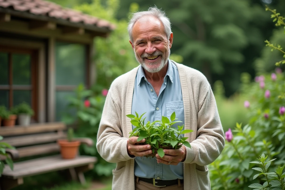 Homme cueillant des feuilles de menthe dans un jardin botanique