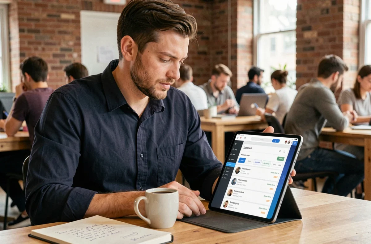 Homme consultant des offres d'emploi spécialisées sur une tablette dans un espace de coworking moderne