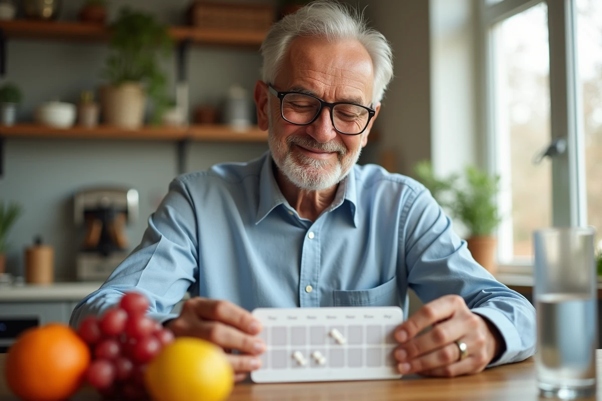 Homme âgé préparant ses médicaments dans une cuisine lumineuse