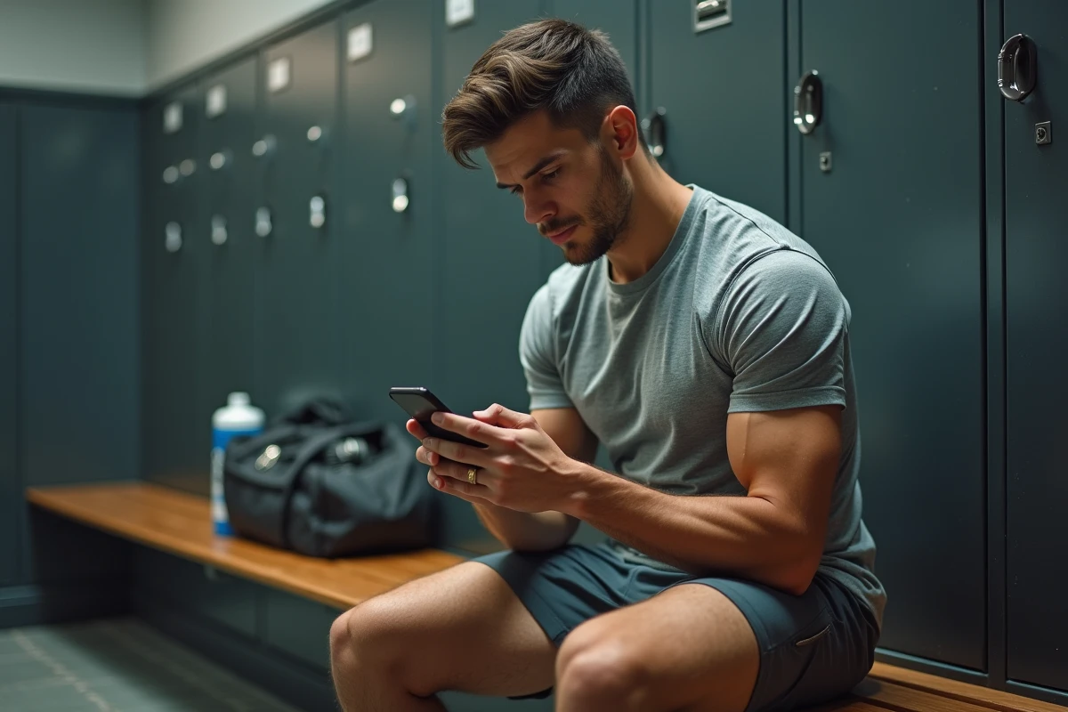 Homme consultant les offres de parrainage Basic Fit sur son téléphone dans un vestiaire de salle de sport