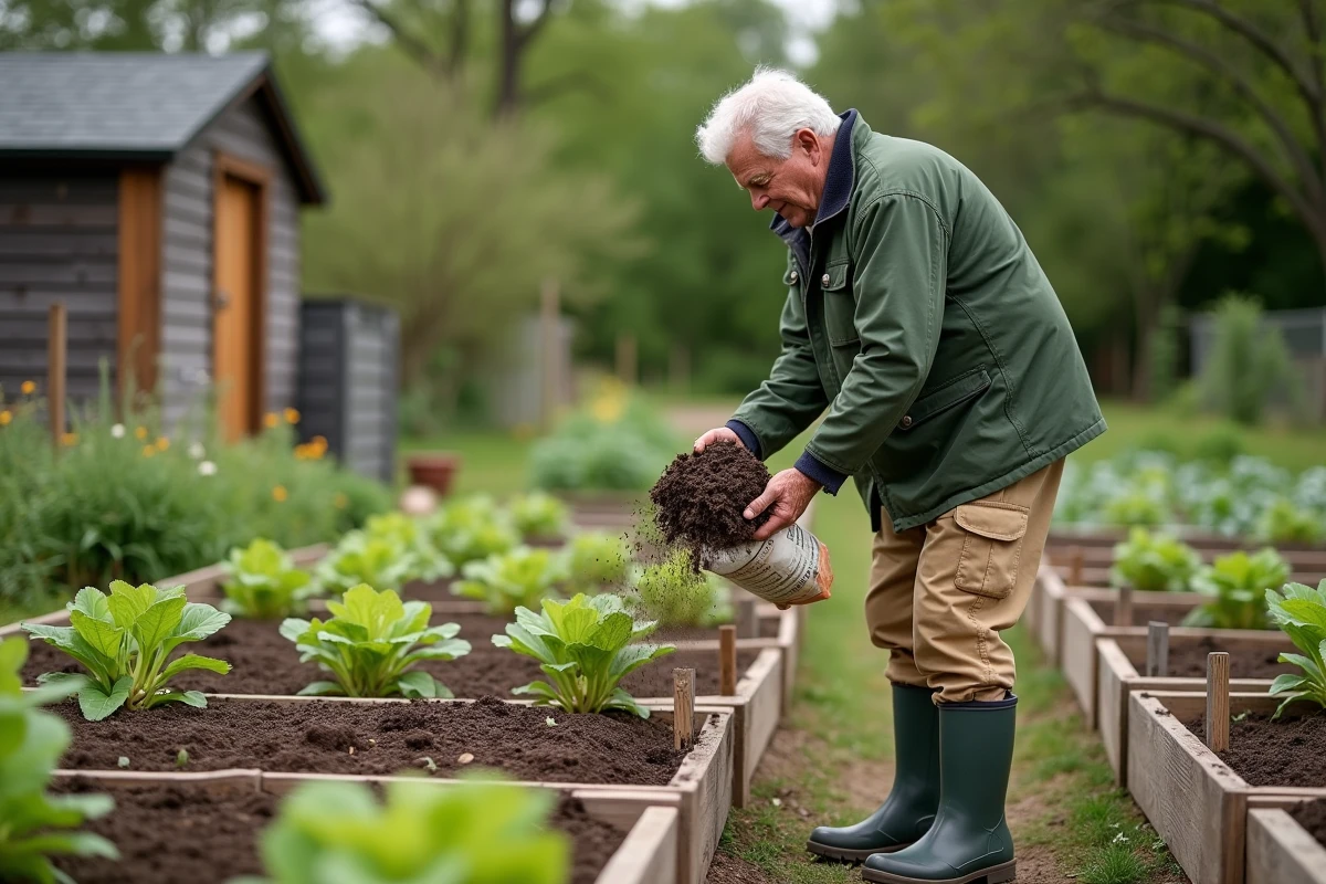 Homme appliquant engrais cheval sur jeunes plants légumes