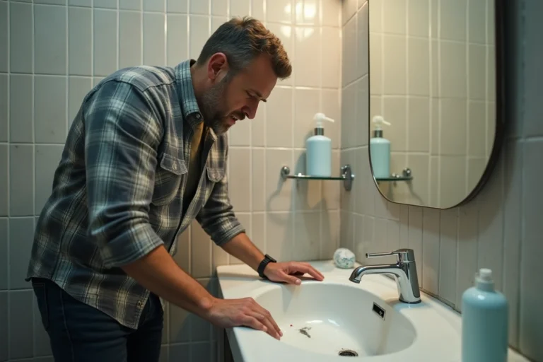 Homme d'âge moyen examine un lavabo cassé dans une salle de bain
