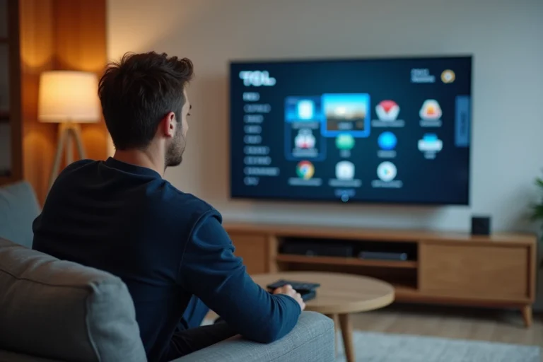 Homme installant IPTV sur une télévision TCL dans un salon moderne