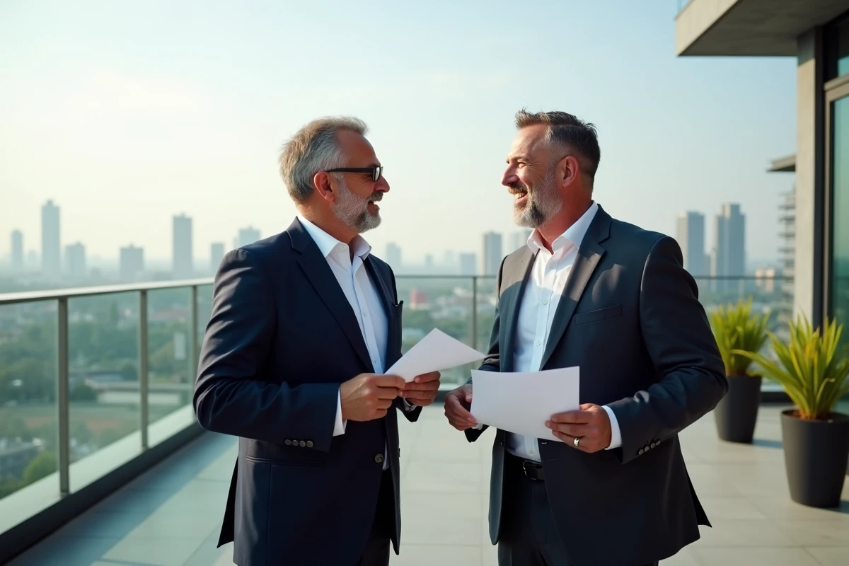 Deux investisseurs discutant sur une terrasse urbaine
