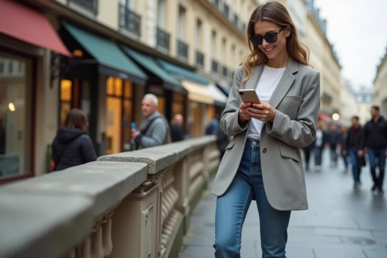 Jeune femme stylée dans une rue parisienne animée