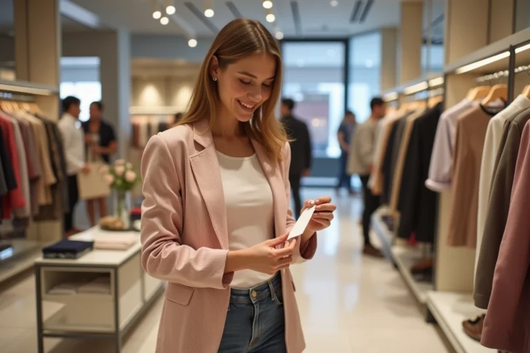Jeune femme souriante examine une étiquette dans une boutique de mode