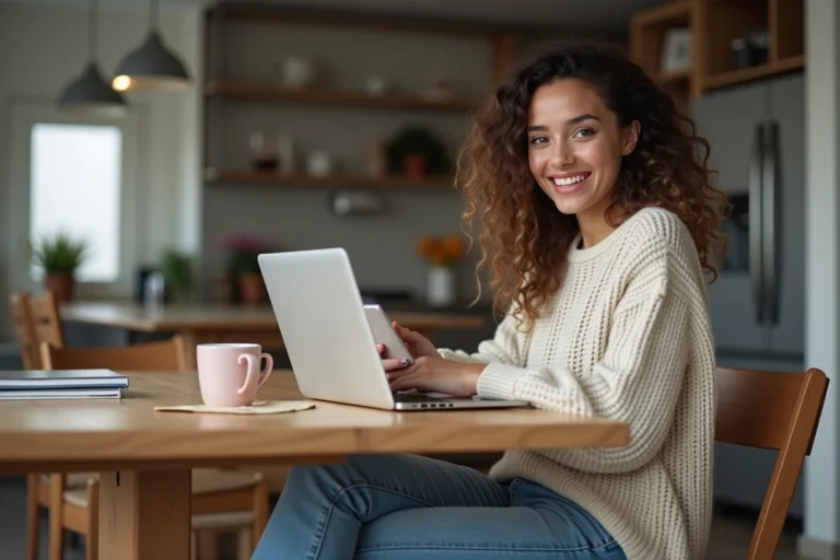 Jeune femme souriante en vidéo chat dans un intérieur moderne
