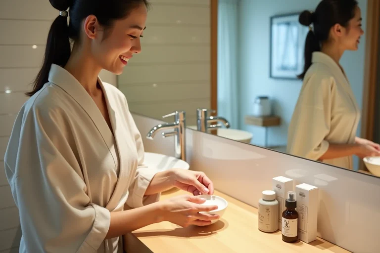 Jeune femme en yukata examine des produits japonais dans un bain