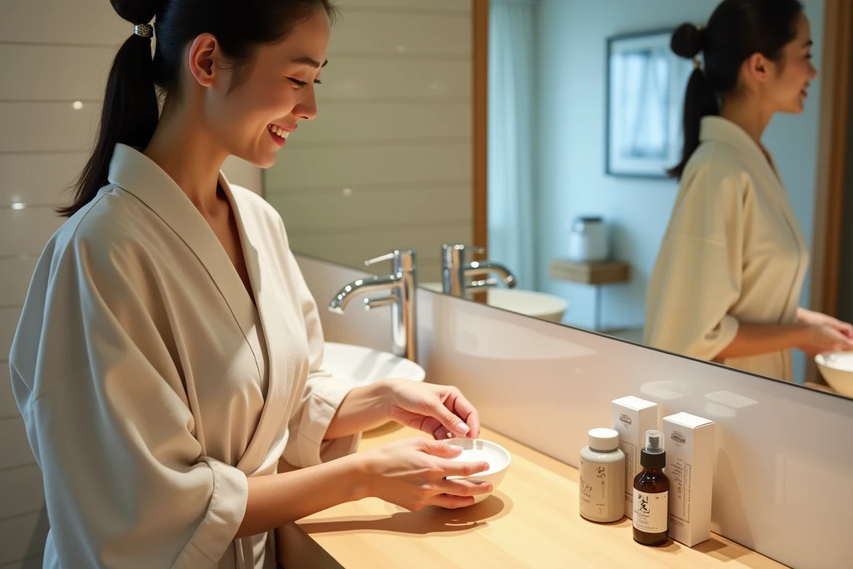 Jeune femme en yukata examine des produits japonais dans un bain