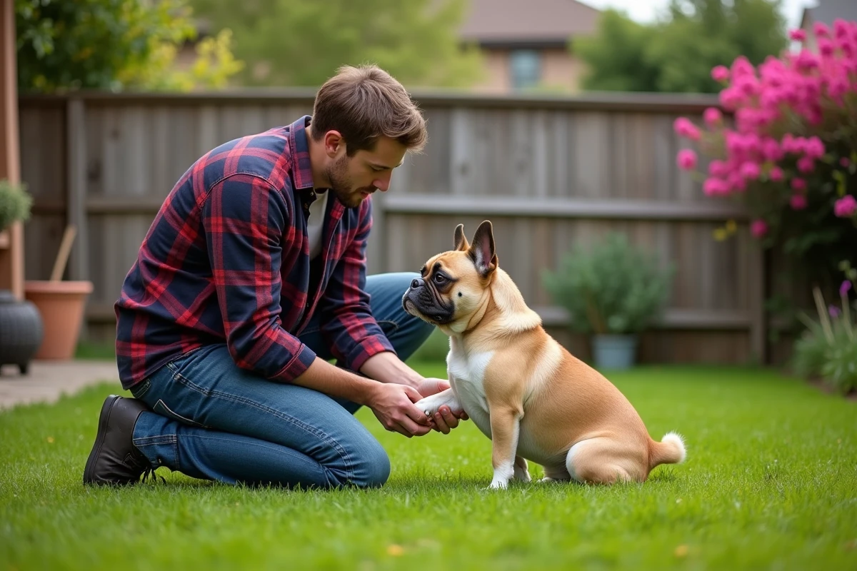Jeune homme appliquant un baume à son chien dans un jardin ensoleille