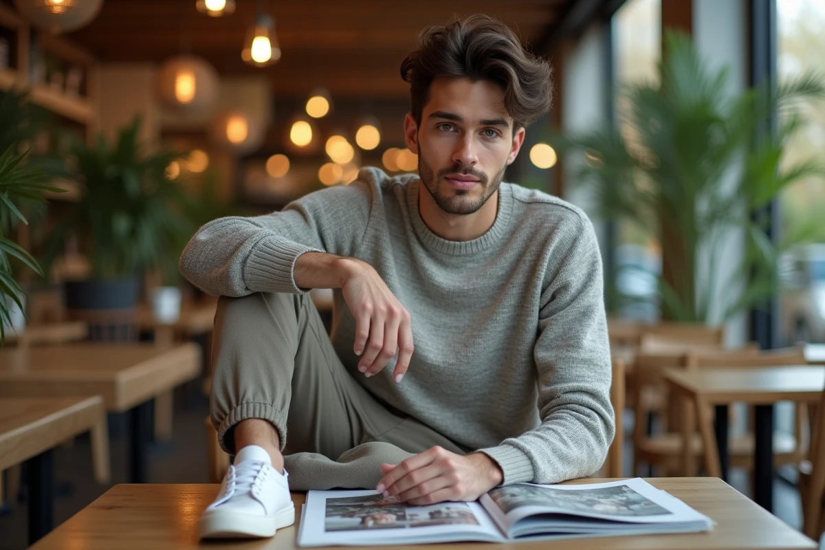 Jeune homme lisant magazine dans un café moderne