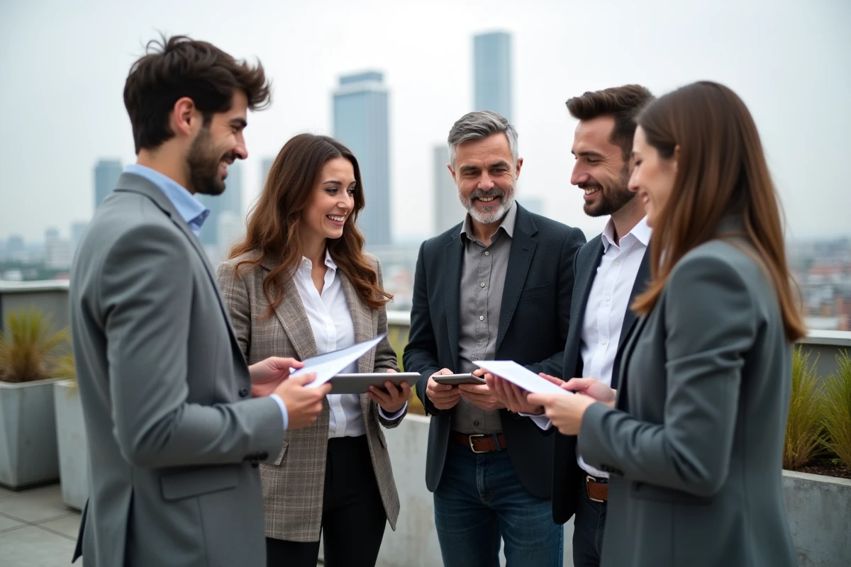 Groupe d entrepreneurs sur un toit pour article sur le titre