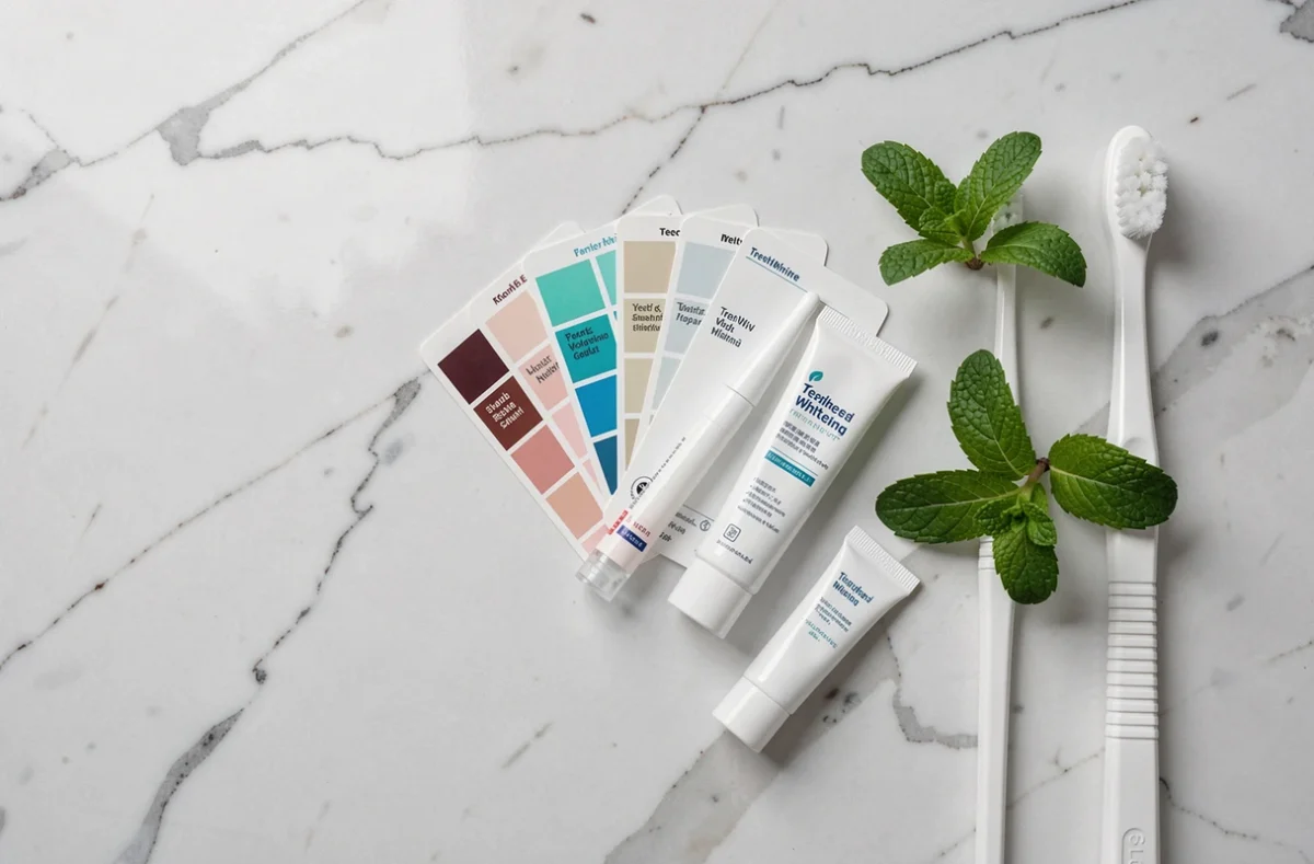 Kit de blanchiment dentaire The Smilist disposé en flat-lay sur marbre blanc avec guide de teintes