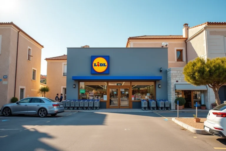 Façade d'un magasin Lidl en Corse avec parking et signalétique bleue et jaune