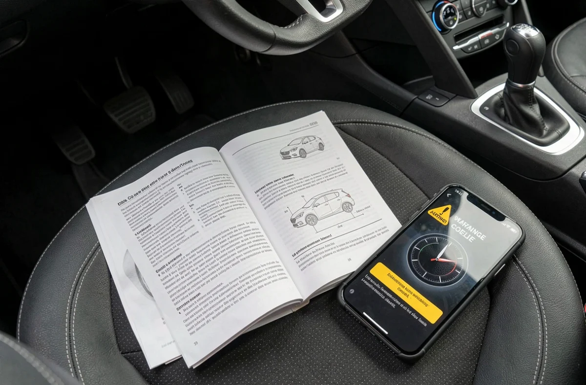 Manuel d'utilisation de la Peugeot 208 ouvert avec un smartphone pour identifier un voyant du tableau de bord