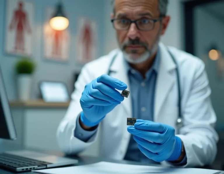Médecin tenant une micropuce électronique entre ses doigts gantés dans un cabinet médical