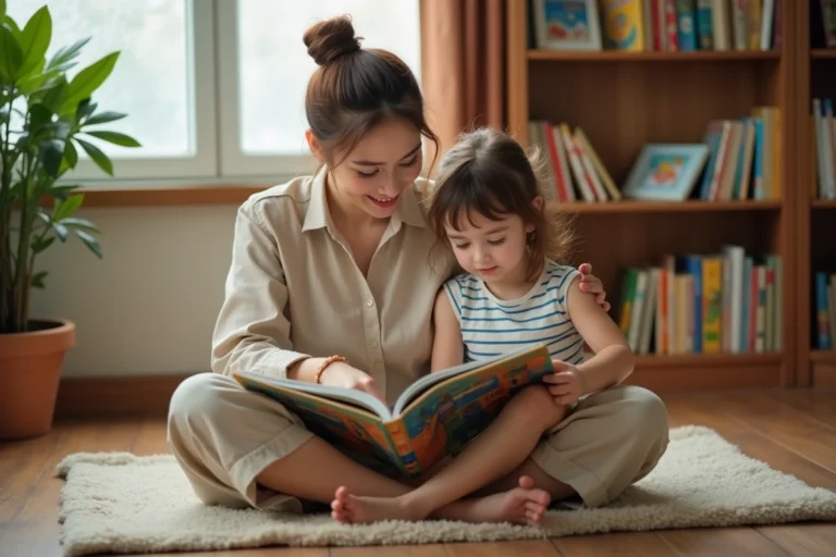 Mère et fille lisant ensemble un livre illustré sur le sol d'un salon chaleureux, illustrant l'accompagnement éducatif des enfants