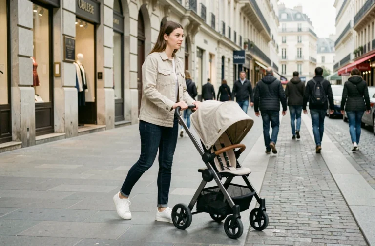Jeune mère poussant une poussette Yoyo Stokke compacte sur un trottoir parisien, illustration de mobilité urbaine avec bébé