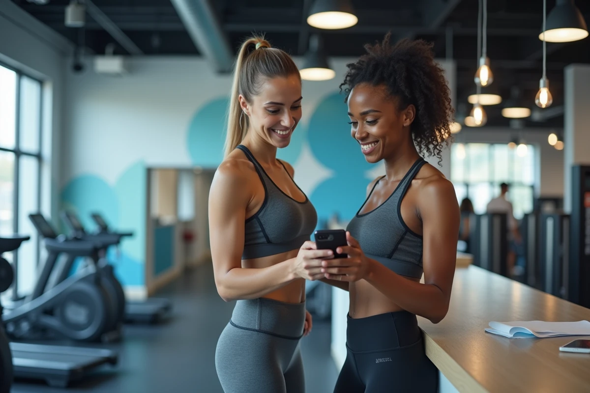 Deux femmes discutant du programme de parrainage Basic Fit à l'accueil d'une salle de sport moderne