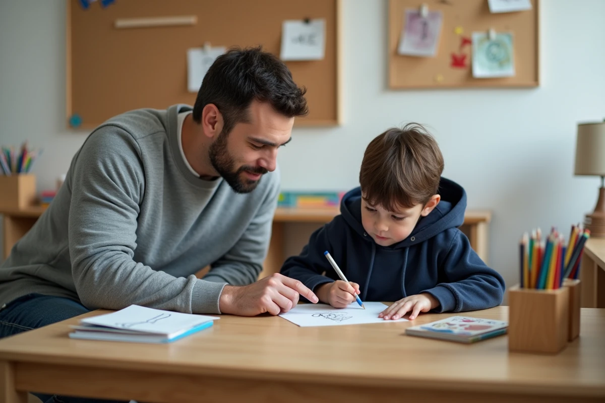 Père aidant son fils à dessiner à un bureau de travail à la maison, symbolisant le soutien parental au développement créatif de l'enfant