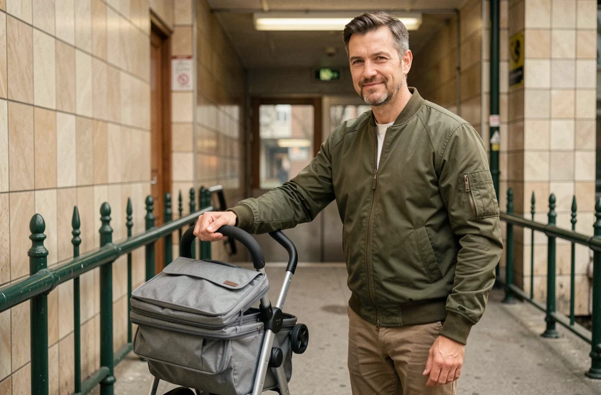 Père pliant facilement une poussette Yoyo Stokke compacte à l'entrée d'une station de métro, praticité urbaine pour parents actifs