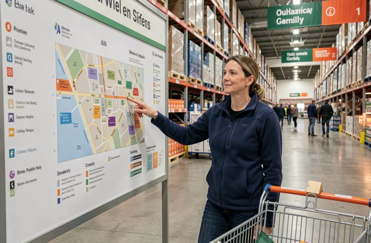 Femme devant un panneau de plan de magasin Mega REF pour repérer les sections