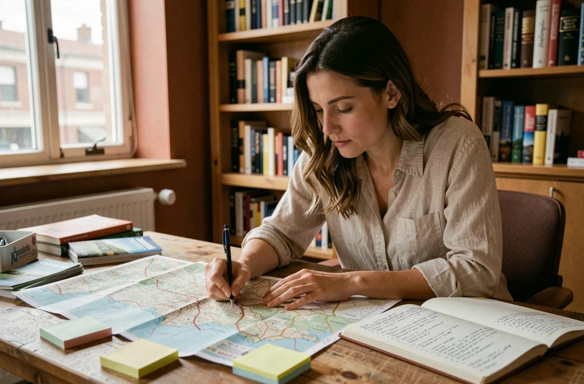 Femme planifiant un voyage autour du monde avec des cartes et carnets de voyage sur un bureau en bois