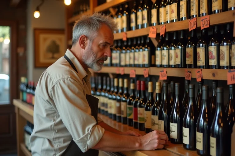 Propriétaire d'une bodega espagnole arrangeant des bouteilles de vin et de bière avec des étiquettes de prix en euros sur des étagères en bois rustique à Barcelone