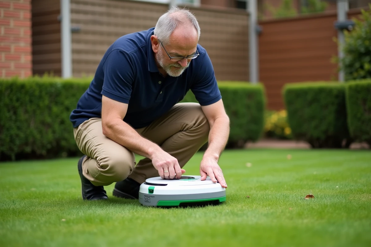 Homme réinitialisant un robot tondeuse Parkside dans un jardin suburban, appuyant sur le bouton reset de l'appareil