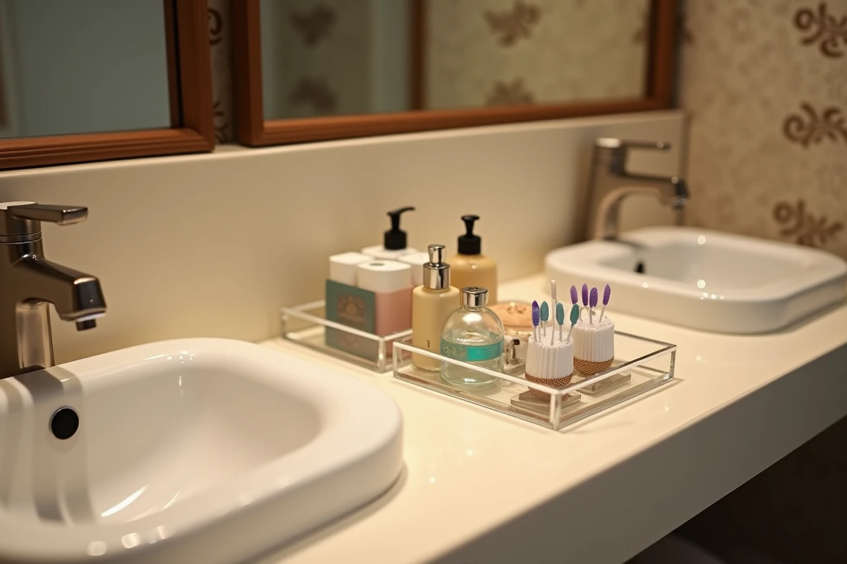 Étagère de produits de toilette dans salle de bain d