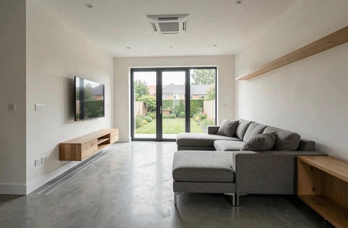Salon moderne avec équipements indispensables : ventilation, chauffage au sol et fenêtres triple vitrage dans un habitat contemporain confortable