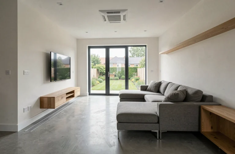Salon moderne avec équipements indispensables : ventilation, chauffage au sol et fenêtres triple vitrage dans un habitat contemporain confortable