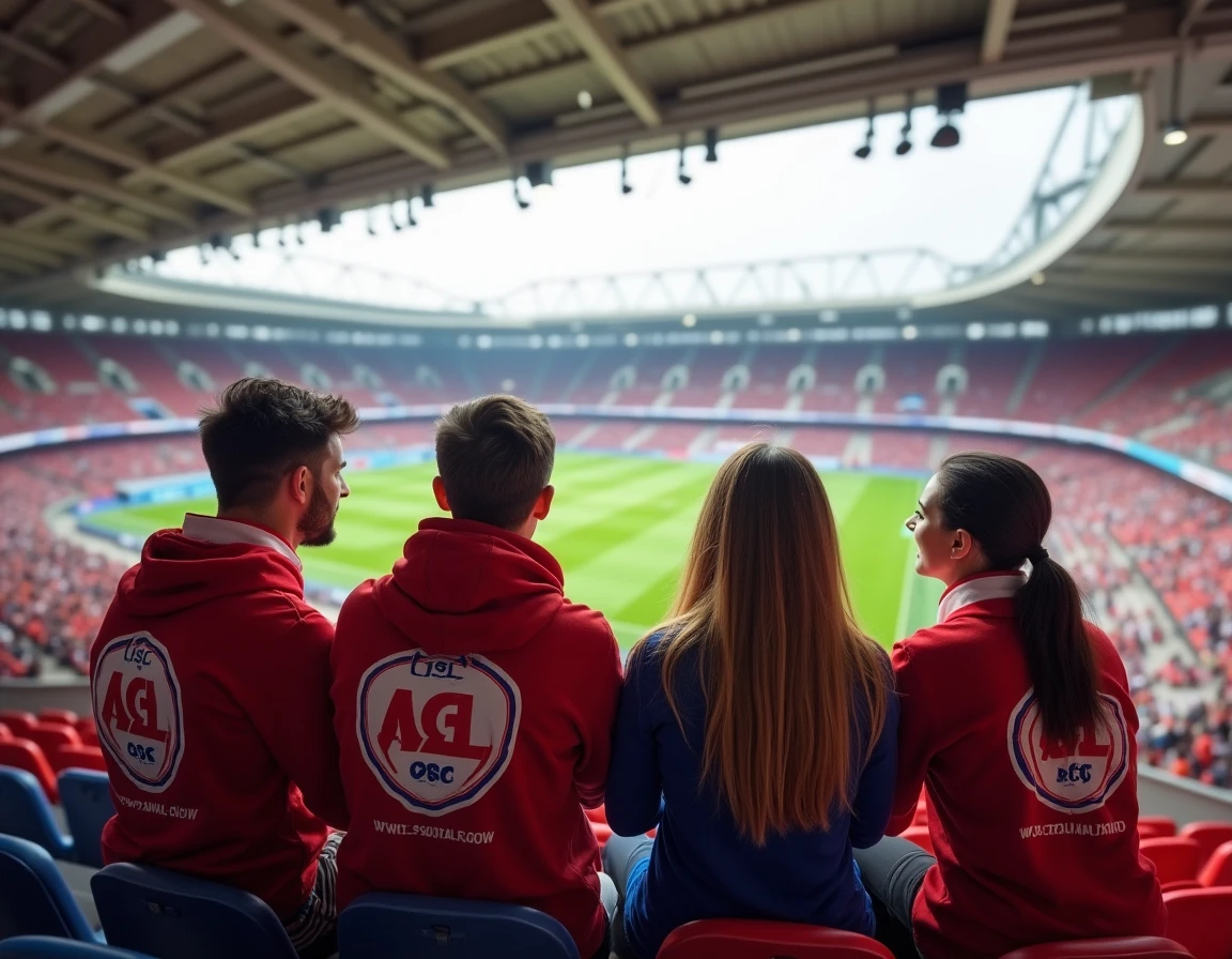 Supporters en tribune basse du Stade Pierre-Mauroy regardant un match de football avec enthousiasme