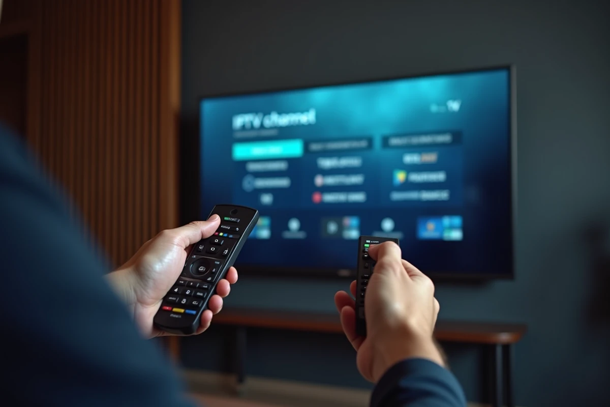 Gros plan sur télécommande TCL pointée vers un écran affichant une liste de chaînes IPTV