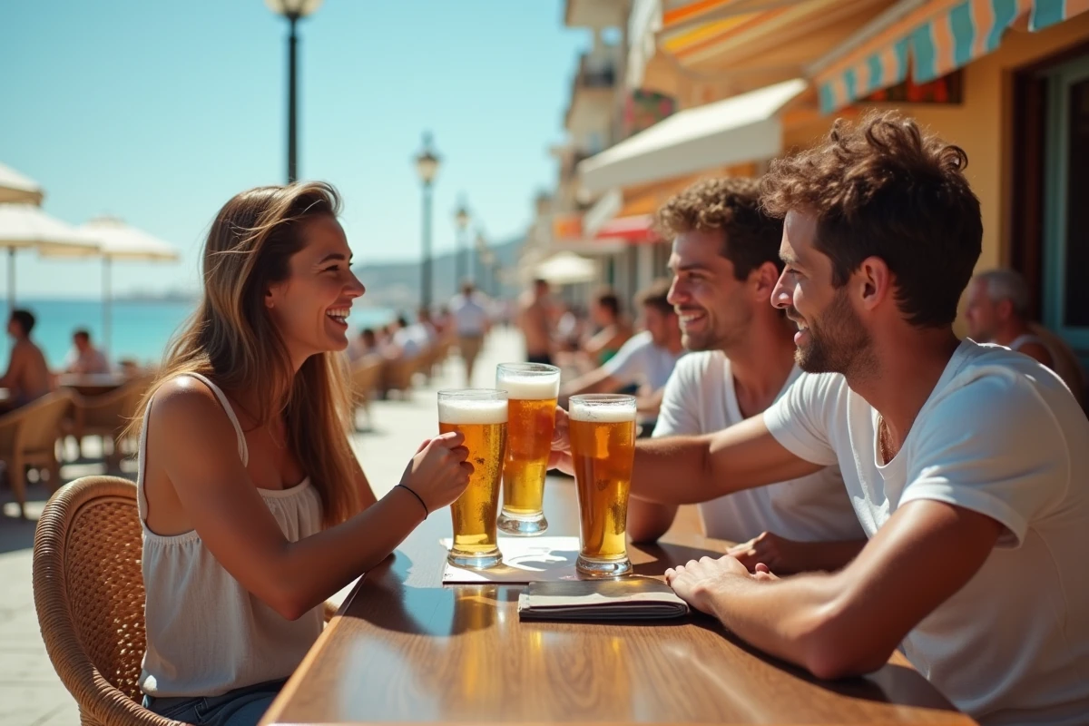 Groupe de touristes savourant des bières et de la sangria sur une terrasse de bar de plage espagnole en consultant un menu de boissons avec des prix en euros