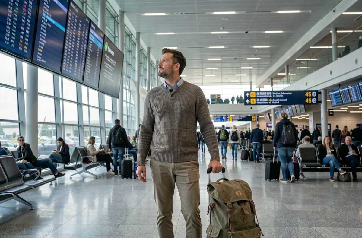 Voyageur masculin avec sac à dos dans un terminal d'aéroport international avant un voyage autour du monde