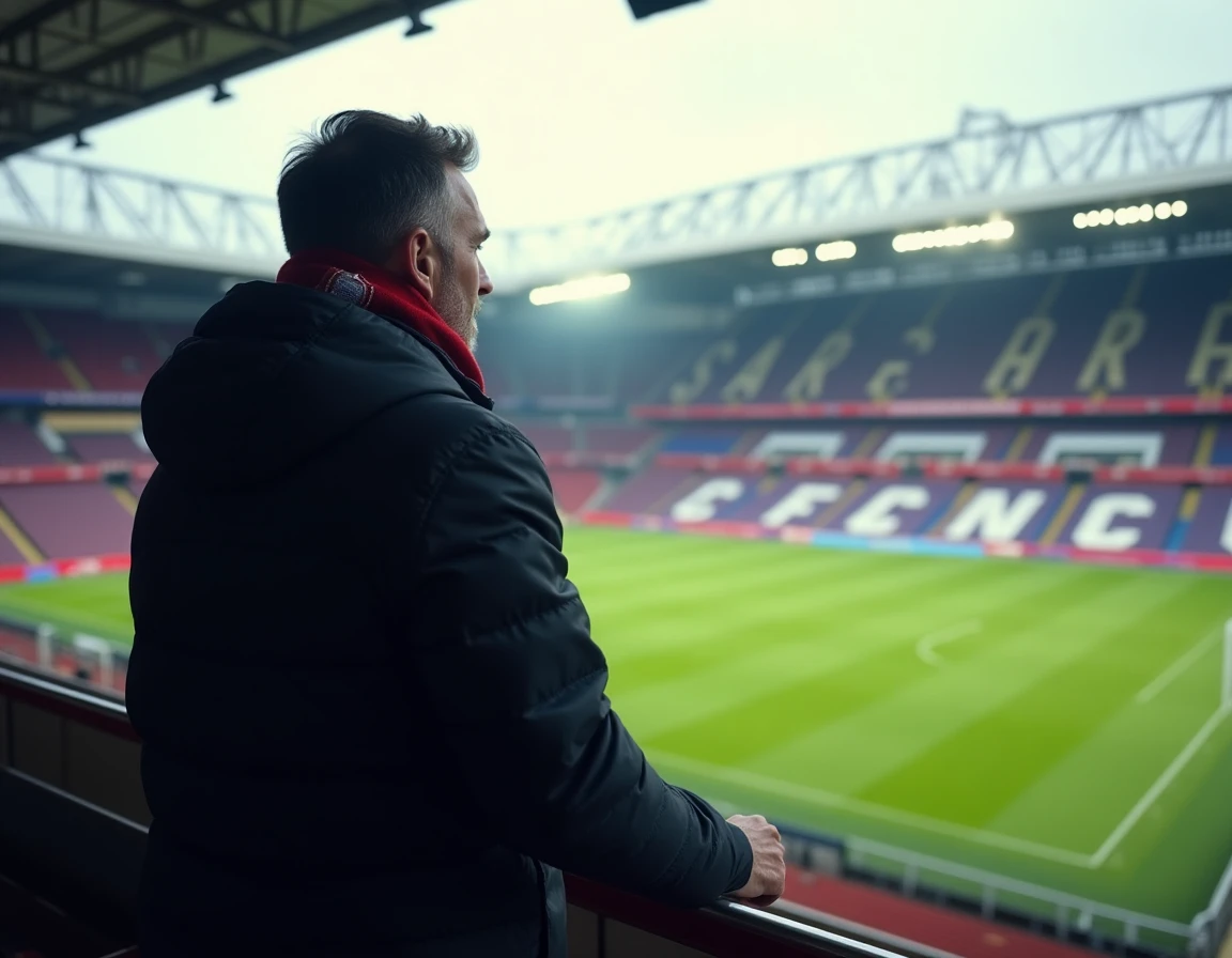 Vue en plongée depuis les tribunes hautes du Stade Pierre-Mauroy avec un supporter admirant le terrain
