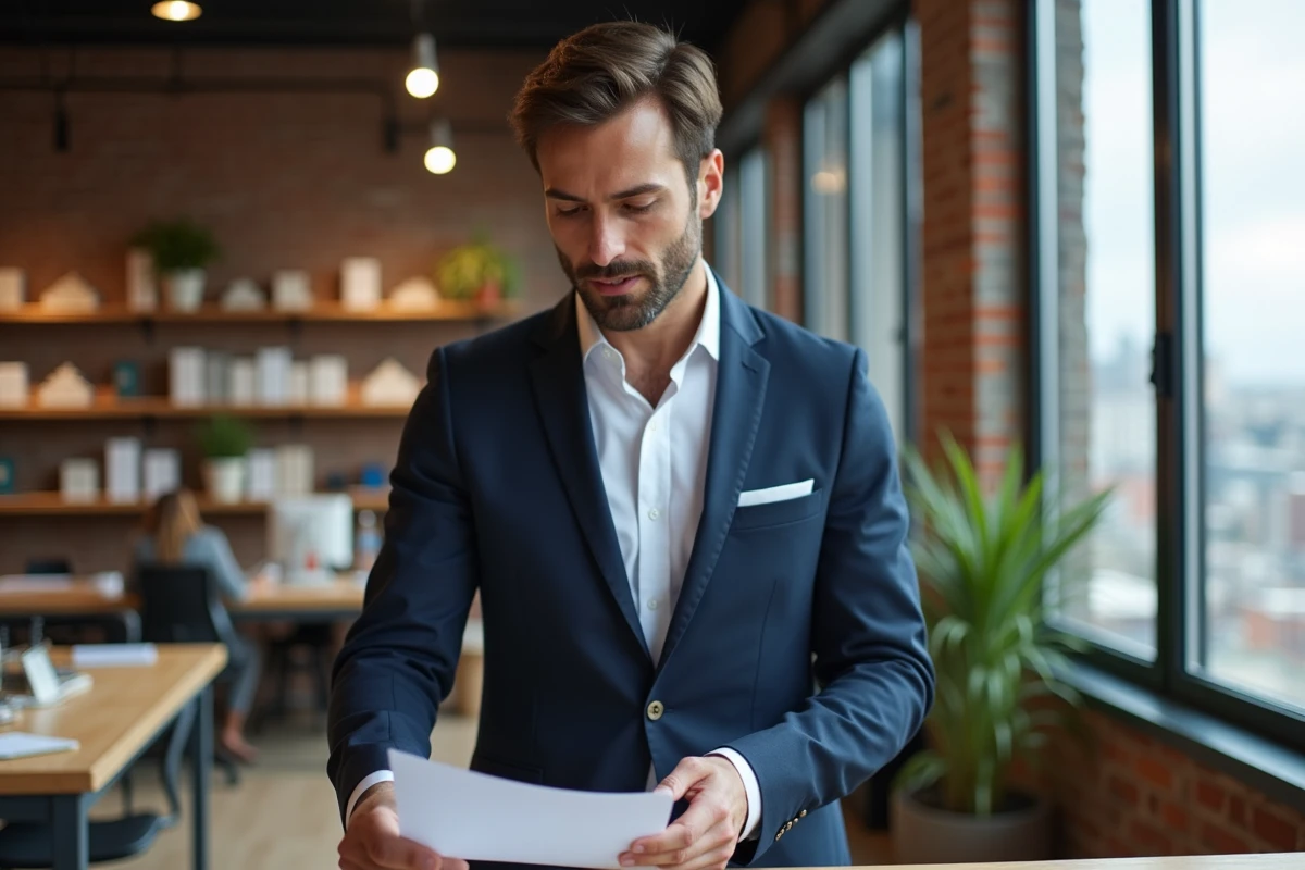 Portrait professionnel d'un entrepreneur inspirant dans un espace de co-working moderne aux murs de brique apparente