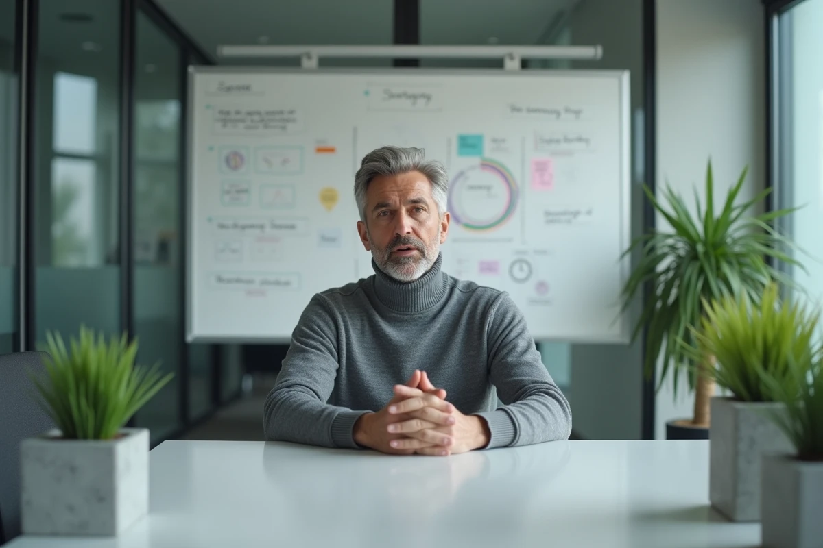 Homme inspirant animant une session de mentorat professionnel dans une salle de réunion contemporaine