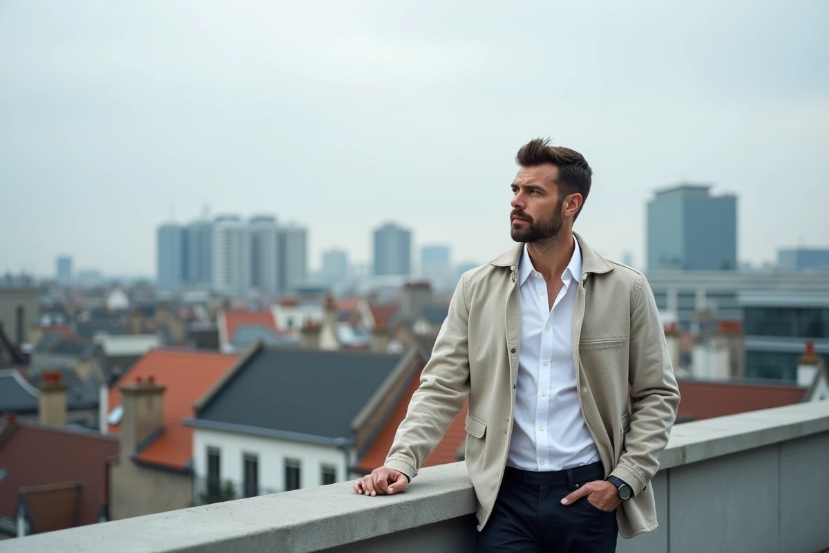 Homme au regard inspirant sur une terrasse urbaine contemplant l'horizon d'une ville européenne